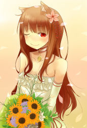 Rule 34 | 1girl, absurdres, animal ears, ayaorin, bad id, bad pixiv id, bare shoulders, blush, brown hair, derivative work, dress, flower, hair flower, hair ornament, highres, holo, long hair, one eye closed, petals, red eyes, smile, solo, spice and wolf, sunflower, wedding dress, wink, wolf ears