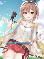 Rule 34 | 1girl, :d, atelier (series), atelier ryza, atelier ryza 1, bare shoulders, belt, belt buckle, beret, black ribbon, blue belt, blue sky, blush, breasts, brown belt, brown eyes, brown gloves, brown hair, buckle, cloud, cloudy sky, collarbone, commentary request, day, drawstring, flask, gloves, hair between eyes, hair ornament, hairclip, hand up, hat, highres, holding, hood, hood down, hooded jacket, jacket, jewelry, medium breasts, mizu (lzzrwi603), navel, necklace, open clothes, open jacket, open mouth, outdoors, puffy short sleeves, puffy sleeves, red shorts, reisalin stout, ribbon, round-bottom flask, shirt, short shorts, short sleeves, shorts, sidelocks, single glove, sky, sleeveless, sleeveless jacket, smile, solo, star (symbol), star necklace, teeth, thigh gap, thighhighs, upper teeth only, vial, white hat, white shirt, white thighhighs, yellow jacket