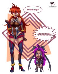 Rule 34 | 2girls, alternate breast size, alternate costume, angry, artist name, artist request, bare shoulders, boots, breasts, chibi, clenched hand, cosplay, dark-skinned female, dark skin, earrings, fangs, fingerless gloves, gloves, highleg, highleg leotard, jealous, jewelry, large breasts, laughing, leotard, lina inverse, lipstick, long hair, looking at viewer, makeup, medium breasts, miniskirt, mizuki shiranui (cosplay), mizuki yukikaze (cosplay), multiple girls, naga the serpent, ojou-sama pose, shiny skin, simple background, skirt, slayers, standing, taimanin (series), taimanin suit, taimanin yukikaze, twintails, very long hair