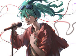 Rule 34 | 1girl, absurdly long hair, absurdres, anniversary, aqua eyes, aqua hair, artist name, artist request, blue eyes, blue hair, blush, collarbone, female focus, glasses, glasses on head, hatsune miku, highres, holding, holding microphone, holding microphone stand, jacket, long hair, microphone, microphone stand, parted lips, red jacket, shirt, smile, solo, suna no wakusei (vocaloid), twintails, upper body, very long hair, vocaloid, white background, white shirt, yakumo (user fyaj3572)