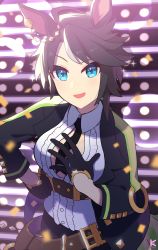 Rule 34 | 1girl, :d, absurdres, black gloves, black hair, blue eyes, breasts, center opening, chest belt, cleavage, cowboy shot, dress shirt, ear ornament, ear piercing, eyebrows, eyebrows hidden by hair, fuji kiseki (umamusume), gloves, hand on own chest, highres, horse girl, jacket, leather belt, looking at viewer, necktie, open mouth, piercing, rerere, revealing clothes, shirt, short hair, silver hair, smile, umamusume, white shirt