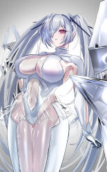 Rule 34 | 1girl, bodysuit, breasts, cinderella (nikke), cleavage, cleavage cutout, clothing cutout, goddess of victory: nikke, hair over one eye, highres, kazam fm, large breasts, long hair, looking at viewer, navel, navel cutout, one eye covered, red eyes, revealing clothes, see-through, skirt, solo, twintails, very long hair, white bodysuit, white hair