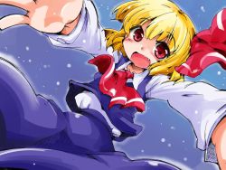 Rule 34 | 1girl, ascot, blonde hair, fang, gradient background, hair ribbon, open mouth, outstretched arms, red eyes, ribbon, rumia, shinapuu, short hair, smile, solo, touhou