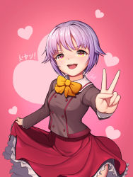 Rule 34 | 10s, 1girl, bad id, bad pixiv id, blush, clothes lift, dduck kong, heart, highres, idolmaster, idolmaster cinderella girls, koshimizu sachiko, light purple hair, looking at viewer, multicolored eyes, open mouth, red background, short hair, signature, skirt, skirt lift, smile, solo, teeth, v, yellow eyes