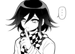 Rule 34 | ..., 1boy, checkered clothes, checkered neckwear, checkered scarf, closed mouth, commentary request, danganronpa (series), danganronpa v3: killing harmony, greyscale, hair between eyes, index finger raised, long sleeves, male focus, monochrome, oma kokichi, sasakama (sasagaki01), scarf, short hair, simple background, smile, solo, speech bubble, spoken ellipsis, upper body, white background