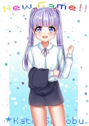 Rule 34 | 10s, 1girl, :d, highres, katou shinobu, looking at viewer, new game!, office lady, open mouth, purple eyes, purple hair, ribbon, skirt, smile, solo, suzukaze aoba, twintails