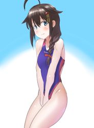 Rule 34 | 1girl, 30-06, ahoge, bad id, bad pixiv id, black hair, blue background, blue eyes, braid, competition swimsuit, cowboy shot, embarrassed, gradient background, hair flaps, hair over shoulder, highres, kantai collection, long hair, one-piece swimsuit, purple one-piece swimsuit, shigure (kancolle), shigure kai ni (kancolle), single braid, solo, swimsuit
