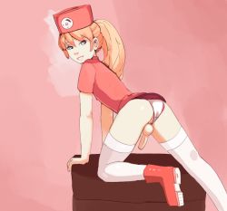 Rule 34 | 1boy, androgynous, arm support, ass, back, bent over, blonde hair, blue eyes, boots, clothing aside, crossdressing, erection, fridge (artist), from behind, gradient background, hat, long hair, looking back, panties, panties aside, penis, pink panties, ponytail, smile, solo, tagme, testicles, thighhighs, thighs, trap, underwear, white thighhighs