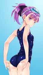 Rule 34 | 1girl, adjusting clothes, adjusting swimsuit, alternate hairstyle, arched back, arms behind back, ass, blue background, blue one-piece swimsuit, bow, breasts, cowboy shot, fate/grand order, fate (series), from behind, goggles, goggles on head, gradient background, hair bow, helena blavatsky (fate), helena blavatsky (swimsuit archer) (fate), helena blavatsky (swimsuit archer) (first ascension) (fate), highres, looking at viewer, looking back, matsuryuu, one-piece swimsuit, ponytail, puckered lips, purple eyes, purple hair, school swimsuit, shiny clothes, simple background, small breasts, solo, swimsuit, wet
