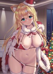 Rule 34 | 1girl, absurdres, animal ear fluff, animal ears, bikini, bikini tug, blonde hair, blue eyes, bow, breasts, building, cape, cat ears, cat girl, cat tail, christmas, christmas tree, commentary, covered erect nipples, cowboy shot, curtains, elbow gloves, fur-trimmed cape, fur trim, gloves, gluteal fold, hair between eyes, hat, highres, indoors, large breasts, long hair, looking at viewer, navel, night, original, ornament, panty tug, red bow, santa bikini, santa costume, santa hat, smile, solo, swimsuit, tail, tail bow, tail ornament, thigh gap, thighhighs, thighs, uehiro, white gloves, white thighhighs, window
