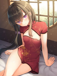 Rule 34 | 1girl, absurdres, areola slip, bamboo, blush, breasts, china dress, chinese clothes, closed mouth, cross, day, dress, hair ornament, hair scrunchie, highres, indoors, long hair, looking at viewer, low ponytail, original, purple eyes, red dress, round window, scrunchie, shinigami (tukiyomiikuto), short dress, short sleeves, sitting, small breasts, smile, solo, thighs, very long hair, window
