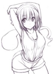 Rule 34 | 1girl, alternate costume, armpits, arms behind head, arms up, blush, breasts, cleavage, collarbone, cowboy shot, eyebrows, floating, ghost, greyscale, hair between eyes, hair ribbon, hairband, hitodama, konpaku youmu, konpaku youmu (ghost), medium breasts, monochrome, nori tamago, ribbon, shirt tucked in, shorts, sketch, sleeveless, solo, standing, stretching, tank top, touhou