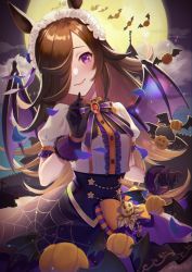 Rule 34 | 1girl, akatsuki (kuon), animal ears, bat wings, black gloves, blush, bow, bowtie, brooch, brown hair, buttons, center frills, closed mouth, cloud, collared shirt, fang, fang out, frilled hairband, frills, full moon, gloves, hair over one eye, hairband, hand up, high-waist skirt, highres, horse ears, horse girl, horse tail, jewelry, lips, long hair, looking at viewer, moon, night, outdoors, puffy short sleeves, puffy sleeves, purple eyes, purple skirt, rice shower (make up vampire!) (umamusume), rice shower (umamusume), shirt, short sleeves, skirt, smile, solo, tail, twitter username, umamusume, watermark, white shirt, wings