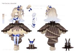 Rule 34 | absurdres, blue bow, blue hair, blue ribbon, bow, brown eyes, brown hair, character sheet, collarbone, corset, detached sleeves, food-themed hair ornament, frills, from behind, hair ornament, hair over one eye, highres, kobayuu, long hair, multicolored hair, one eye covered, original, ribbon, shoes, spoon, thighhighs, virtual youtuber, zettai ryouiki