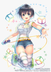 Rule 34 | 1girl, :d, black hair, blue shorts, blush, breasts, capura lin, controller, copyright request, full body, game controller, green footwear, grey background, grey eyes, hair between eyes, highres, holding, large breasts, looking at viewer, official art, open mouth, outstretched arm, shirt, shoes, short shorts, short sleeves, shorts, smile, solo, star (symbol), striped clothes, striped thighhighs, thighhighs, watermark, white shirt