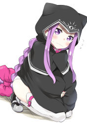 Rule 34 | 1girl, absurdres, animal ears, animal hood, black cloak, black footwear, blush, bow, braid, cloak, closed mouth, collar, commentary request, fake animal ears, fate/grand order, fate (series), flying sweatdrops, full body, hair bow, highres, hood, hood up, hooded cloak, kneeling, long hair, looking at viewer, medusa (fate), medusa (lancer) (fate), medusa (rider) (fate), pink bow, pink collar, purple eyes, purple hair, rider, ryuki (ryukisukune), sidelocks, signature, solo, sweat, thighhighs, very long hair, wavy mouth, white background, white thighhighs