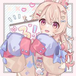 Rule 34 | 1girl, ahoge, animal ears, blue bow, blush, bow, braid, chiri (ch!), commentary, english commentary, hair bow, hair ornament, heart, heart hair ornament, holding, holding sketchbook, long hair, looking at viewer, official art, open mouth, phase connect, pink eyes, pink hair, pipkin pippa, pipkin pippa (1st costume), rabbit ears, rabbit girl, rabbit hair ornament, sketchbook, sleeves past fingers, sleeves past wrists, smile, solo, upper body, virtual youtuber