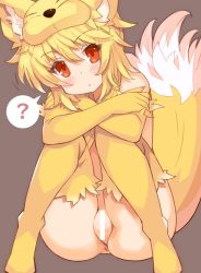 Rule 34 | 1girl, ?, animal ears, anus, ass, bar censor, blonde hair, blush, bottomless, censored, elbow gloves, female focus, fox ears, fox tail, gloves, moonlight flower, no panties, paid reward available, pussy, ragnarok online, red eyes, short hair, simple background, solo, spoken question mark, tail, thighhighs, tsudero