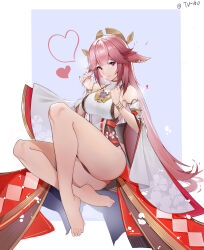 Rule 34 | 1girl, absurdres, adjusting hair, animal ears, arm up, bare legs, bare shoulders, barefoot, blush, border, bracer, breasts, closed mouth, commentary, feet, fox ears, full body, genshin impact, heart, highres, japanese clothes, large breasts, legs, lips, long hair, looking at viewer, miko, nail polish, panties, pantyshot, pink hair, pink nails, purple eyes, red panties, sideboob, simple background, sitting, solo, steam from mouth, thighs, toes, tupolev-160 (artist), underwear, very long hair, white background, white border, yae miko