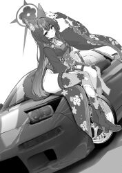 Rule 34 | 1girl, animal ears, black footwear, black hair, black kimono, blue archive, boots, closed mouth, commentary, fingerless gloves, fishnet thighhighs, fishnets, floral print kimono, fox ears, fox girl, fox tail, gloves, greyscale, halo, high heel boots, high heels, highres, japanese clothes, jun project, kimono, long sleeves, looking at viewer, monochrome, obi, on vehicle, sailor collar, sash, side slit, simple background, single thighhigh, sitting, smile, solo, tail, thighhighs, thighs, tire, torn clothes, torn thighhighs, vehicle request, w, wakamo (blue archive), white background, wide sleeves
