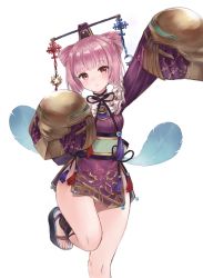 Rule 34 | 1girl, arm up, atelier (series), atelier sophie, bad id, bad pixiv id, bare legs, black bow, bow, brown eyes, cone hair bun, cornelia (atelier), cowboy shot, dalachi (headdress), double bun, dress, expressionless, feathers, fuwawa (fuwawa617), hair bun, hair ornament, highres, looking at viewer, miniskirt, pink hair, purple dress, sandals, short hair, simple background, skirt, sleeves past wrists, solo, standing, standing on one leg, thighs, white background
