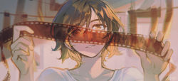 Rule 34 | 1girl, alzi xiaomi, blurry, blurry background, brown eyes, brown hair, collarbone, collarless shirt, commentary, eyebrows, film strip, hair between eyes, highres, holding, looking at viewer, medium hair, original, parted lips, shirt, smile, solo, symbol-only commentary, upper body, white shirt