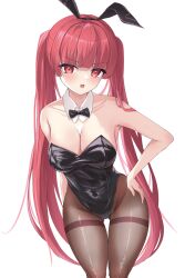 Rule 34 | 1girl, animal ears, black bow, black bowtie, black leotard, black pantyhose, bow, bowtie, breasts, cleavage, detached collar, gluteal fold, highres, konoha (sound voltex), leotard, long hair, looking at viewer, medium breasts, myjourney, pantyhose, playboy bunny, rabbit ears, red eyes, red hair, simple background, solo, sound voltex, thigh gap, thighband pantyhose, twintails, very long hair, white background, wrist cuffs