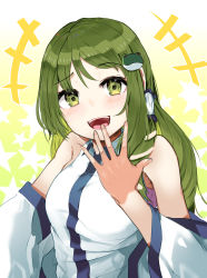 Rule 34 | +++, 1girl, :d, absurdres, arm up, armpit crease, bare shoulders, blush, breasts, collared shirt, commentary request, detached sleeves, eyelashes, fingernails, frog hair ornament, gradient background, green eyes, green hair, hair ornament, highres, kochiya sanae, kurowa (curowa), large breasts, laughing, long hair, long sleeves, looking at viewer, nontraditional miko, open mouth, shirt, sidelocks, sleeveless, sleeveless shirt, smile, snake hair ornament, solo, standing, star (symbol), starry background, teeth, tongue, touhou, upper body, upper teeth only, white shirt, wide sleeves, wing collar