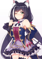 Rule 34 | 1girl, absurdres, animal ear fluff, animal ears, bare shoulders, black hair, black thighhighs, blue sleeves, blush, cat ears, closed mouth, commentary request, cowboy shot, detached sleeves, frilled skirt, frills, green eyes, hand up, highres, j young, karyl (princess connect!), long hair, long sleeves, looking at viewer, multicolored hair, nose blush, one eye closed, princess connect!, purple skirt, shirt, single thighhigh, skirt, sleeveless, sleeveless shirt, sleeves past wrists, solo, streaked hair, sweat, thighhighs, very long hair, white hair, white shirt