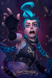 Rule 34 | 1girl, absurdres, angelmoonlight, arcane: league of legends, arcane jinx, arm tattoo, artist name, bare shoulders, black shirt, braid, breasts, bullet, cloud tattoo, crop top, earrings, fingerless gloves, freckles, gloves, highres, jewelry, jinx (league of legends), league of legends, long hair, nail polish, navel, open mouth, pink nails, shirt, small breasts, solo, stomach, tattoo, teeth, twin braids, twintails