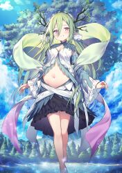 Rule 34 | 1girl, antlers, bare legs, black skirt, blue sky, blush, breasts, cleavage, cloud, commentary, day, detached sleeves, fantasy, floating, forest, full body, giant tree, green hair, hair between eyes, highres, horns, lake, leaf, long hair, looking at viewer, medium breasts, midriff, mountainous horizon, nature, navel, original, outdoors, parted lips, personification, pink eyes, pointy ears, sandals, shawl, skirt, sky, smile, solo, sparkle, stomach, topia, tree, water, white footwear, wide sleeves, yggdrasil