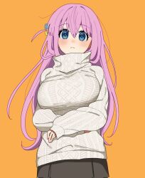 Rule 34 | 1girl, blue eyes, bocchi the rock!, cowboy shot, facing viewer, female focus, gotoh hitori, hair between eyes, hikentai0112, looking at viewer, orange background, pink hair, simple background, skirt, solo, standing, straight-on, sweater, upper body