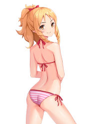 Rule 34 | 10s, 1girl, ass, back, bare arms, bare legs, bare shoulders, bikini, blonde hair, bow, closed mouth, drill hair, drill sidelocks, eromanga sensei, from behind, hair bow, hair ornament, highres, legs apart, long hair, looking at viewer, looking back, pointy ears, red bow, shoulder blades, side-tie bikini bottom, sidelocks, simple background, smile, solo, standing, striped bikini, striped clothes, swimsuit, twisted neck, white background, yamada elf, yellow eyes, zyl