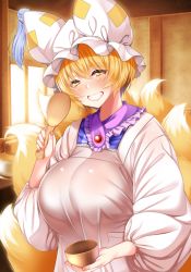 Rule 34 | 1girl, animal ears, animal hat, blonde hair, blush, bowl, breasts, brooch, dress, fox ears, fox tail, frills, grin, hair between eyes, hat, holding, holding bowl, holding spoon, indoors, jewelry, large breasts, long sleeves, looking at viewer, mob cap, multiple tails, nail polish, pink nails, puffy sleeves, short hair, smile, solo, spoon, standing, tail, tassel, touhou, upper body, white dress, white hat, wildcat (kusonemi), yakumo ran, yellow eyes