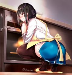 Rule 34 | 10s, 1girl, ass, black hair, black thighhighs, hayakawa akari, kantai collection, long hair, oven, oven mitts, red eyes, solo, squatting, takao (kancolle), thighhighs, twitter username, valentine