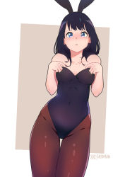 Rule 34 | 10s, 1girl, absurdres, animal ears, black hair, black leotard, blue eyes, bow, bowtie, breasts, brown pantyhose, cleavage, cowboy shot, cuma vi, detached collar, fake animal ears, gridman universe, highres, large breasts, leotard, long hair, pantyhose, pink background, playboy bunny, rabbit ears, solo, ssss.gridman, strapless, strapless leotard, takarada rikka, thigh gap, two-tone background, white background