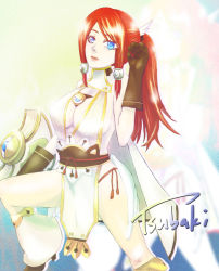Rule 34 | 1girl, alternate costume, arc system works, blazblue, blazblue: continuum shift, blue eyes, breasts, cleavage, cleavage cutout, clothing cutout, detached leggings, gloves, hair tubes, high heels, large breasts, long hair, ponytail, red hair, sash, shield, shoes, sideboob, solo, third eye, tsubaki yayoi, zone rr