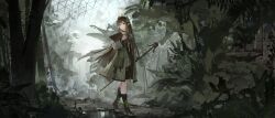 Rule 34 | 1girl, absurdres, arknights, black choker, black footwear, boots, brown eyes, brown hair, brown shirt, brown skirt, choker, clipboard, closed mouth, coat, commentary, elf, grey coat, hair ornament, hand up, high heels, highres, holding, holding clipboard, knee boots, long hair, long sleeves, looking to the side, muelsyse (arknights), open clothes, open coat, overgrown, pjs, plant, pointy ears, reflection, shirt, skirt, solo, standing, turning head, walking, water, wide shot