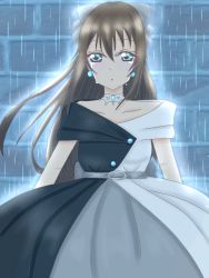 Rule 34 | 1girl, :o, aqua eyes, artist name, artist request, back bow, bare shoulders, belt, black dress, black gloves, black skirt, blue eyes, blush, bow, bow hairband, breasts, brick wall, brooch, brown hair, buttons, choker, collarbone, diamond (gemstone), dress, drop earrings, earrings, evening gown, female focus, floating hair, gloves, grey belt, grey bow, grey skirt, hair between eyes, hair bow, hairband, half updo, high ponytail, highres, jewelry, lace, lace gloves, long hair, looking at viewer, love live!, love live! nijigasaki high school idol club, love live! school idol festival, miniskirt, multicolored clothes, multicolored dress, off-shoulder dress, off shoulder, osaka shizuku, parted lips, plaid, plaid dress, plaid skirt, pleated, pleated dress, pleated skirt, ponytail, rain, skirt, sleeveless, sleeveless dress, small breasts, smile, solitude rain (love live!), solo, two-tone dress, wavy hair, white bow, white choker, white dress, white skirt