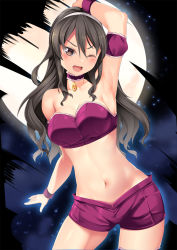Rule 34 | 1girl, ;d, animal ears, arm up, armpits, ashigara (kancolle), bare shoulders, blush, breasts, brown eyes, brown hair, choker, cleavage, collarbone, cosplay, cowboy shot, detached sleeves, fang, full moon, groin, hair between eyes, hairband, highres, kantai collection, large breasts, long hair, looking at viewer, mew zakuro, mew zakuro (cosplay), midriff, moon, navel, night, night sky, one eye closed, open mouth, puffy detached sleeves, puffy sleeves, purple choker, purple shorts, short shorts, shorts, sidelocks, sky, smile, solo, standing, strapless, tokyo mew mew, tube top, wavy hair, white hairband, wristband, yasume yukito