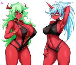 Rule 34 | 2girls, absurdres, armpits, bikini, black bikini, black one-piece swimsuit, blue hair, breasts, cameltoe, cleft of venus, colored skin, covered erect nipples, demon girl, demon horns, fang, glasses, green hair, hair between eyes, hand on own thigh, high heels, highleg, highleg bikini, highres, horn, horns, jmg, kneesocks (psg), large breasts, lips, long hair, multiple girls, navel, one-piece swimsuit, open mouth, panty &amp; stocking with garterbelt, pointy ears, red skin, scanty (psg), siblings, simple background, sisters, slingshot swimsuit, spiked hair, swimsuit, thick thighs, thighs, very long hair, white background