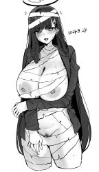 1girl bandages black_hair blue_archive breasts bright_pupils dated female_pubic_hair hair_ornament hairclip halloween_costume halo highres hotate-chan large_breasts long_hair mummy_costume naked_bandage nipples open_mouth pubic_hair red_eyes rio_(blue_archive) very_long_hair white_pupils