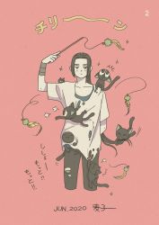 Rule 34 | 2boys, absurdres, animal, animal in clothes, black cat, black hair, black pants, cat, cropped legs, dated, expressionless, feathers, highres, holding, long hair, looking at viewer, luo xiaohei, luo xiaohei (cat), luo xiaohei zhanji, mugi-co, multiple boys, pants, pink background, shirt, short sleeves, simple background, torn clothes, torn pants, torn shirt, white shirt, wuxian (the legend of luoxiaohei)