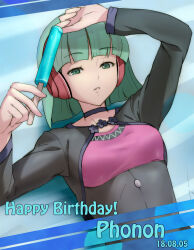 Rule 34 | 1girl, blunt bangs, character name, choker, dated, english text, green eyes, green hair, happy birthday, headphones, highres, holding food, holding popsicle, light green hair, phonon (under night in-birth), popsicle, short hair, solo, under night in-birth, under night in-birth exe:late[st], yusuke nakahara