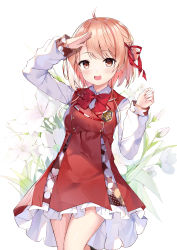 Rule 34 | 1girl, :d, absurdres, ahoge, arm up, black socks, blush, bow, breasts, brown eyes, brown hair, collared shirt, commentary, dress, floral background, flower, frilled dress, frills, fuyuki030, hair ornament, hair ribbon, hairclip, hanayori jyoshiryou, highres, kano (hanayori jyoshiryou), kneehighs, long hair, long sleeves, looking at viewer, one side up, open mouth, red bow, red dress, red ribbon, ribbon, shirt, sleeveless, sleeveless dress, sleeves past wrists, small breasts, smile, socks, solo, virtual youtuber, white background, white flower, white shirt