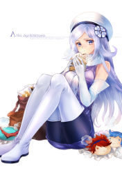 Rule 34 | 10s, 1girl, aila jyrkiainen, bag, baozi, bare shoulders, black pantyhose, blue eyes, boots, breasts, character name, copyright name, eating, elbow gloves, food, gloves, gundam, gundam build fighters, hat, iori sei, large breasts, long hair, nadir, objectification, pantyhose, qubeley papillon, reiji (gundam bf), silver hair, sitting, steam, thigh boots, thighhighs