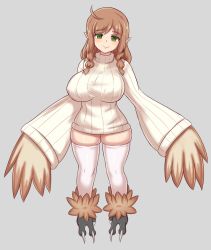 Rule 34 | 1girl, ahoge, braid, breasts, brown hair, commentary, full body, green eyes, grey background, harpy, highres, impossible clothes, impossible sweater, large breasts, long hair, long sleeves, looking at viewer, monster girl, nav (itsnav), original, outstretched arms, pointy ears, ribbed sweater, simple background, skindentation, smile, solo, spread arms, sweater, talons, thick thighs, thighhighs, thighs, turtleneck, turtleneck sweater, twin braids, white sweater, white thighhighs, wide sleeves, winged arms, wings