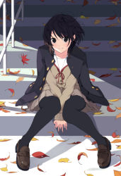 Rule 34 | 1girl, :d, autumn leaves, between legs, black eyes, black hair, black pantyhose, brown footwear, buttons, cardigan, collarbone, falling leaves, full body, grey skirt, grin, hand between legs, interlocked fingers, jacket, jacket on shoulders, knees together feet apart, leaf, loafers, long sleeves, looking at viewer, maruhana, neck ribbon, open mouth, original, pantyhose, parted lips, pleated skirt, railing, red ribbon, ribbon, school uniform, shadow, shoes, short hair, sitting, sitting on stairs, skirt, smile, solo, stairs, v arms
