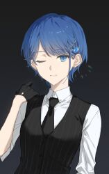 Rule 34 | 1girl, black background, black gloves, black necktie, black vest, blue eyes, blue gemstone, collared shirt, commentary, earrings, gem, glint, gloves, gradient background, grey background, hair ornament, hairclip, highres, jewelry, kiritani haruka, looking at viewer, more more jump! (project sekai), necktie, one eye closed, parted bangs, pinstripe pattern, pinstripe vest, project sekai, prsk112277, rainbow gradient, refraction, shirt, short hair, single sidelock, sleeves rolled up, smile, solo, striped, upper body, vest, white shirt