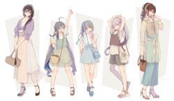 Rule 34 | 5girls, ahoge, alternate costume, arm up, arms up, asashimo (kancolle), ashigara (kancolle), bag, black hair, brown hair, casual, colis, cup, disposable cup, drinking, drinking straw, earrings, full body, glasses, grey hair, hair between eyes, hair over one eye, hair ribbon, hairband, handbag, high heels, holding, jewelry, kantai collection, kasumi (kancolle), kiyoshimo (kancolle), long hair, long skirt, multiple girls, ooyodo (kancolle), open mouth, ponytail, ribbon, shorts, shoulder bag, side ponytail, skirt, smile, standing, twitter username, two-tone background